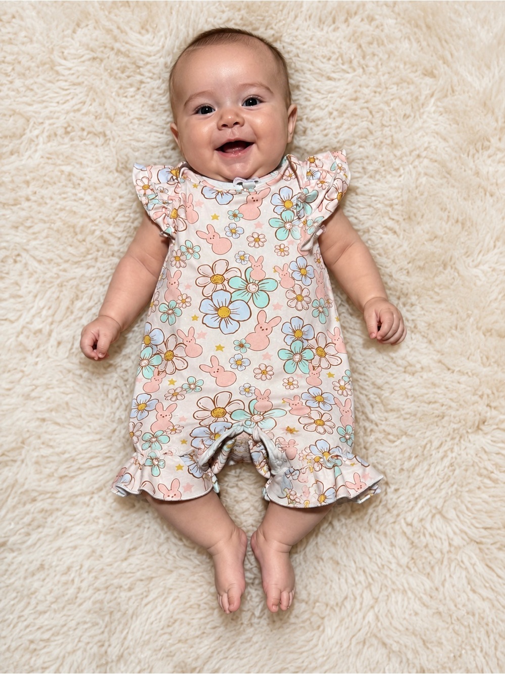 Pink Floral Peeps Bunny Ruffle Baby Romper 0-6 months